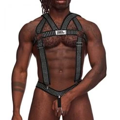 Male Power Elastic Studded Harness With Ring PAK-892 Black